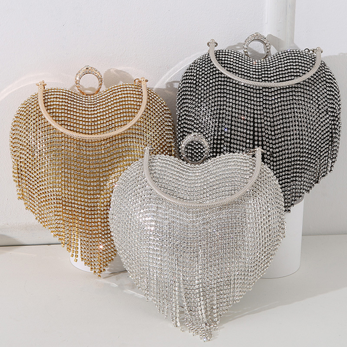 Women Bags With Wallet - Rhinestone Evening Bag Heart Pattern Silver