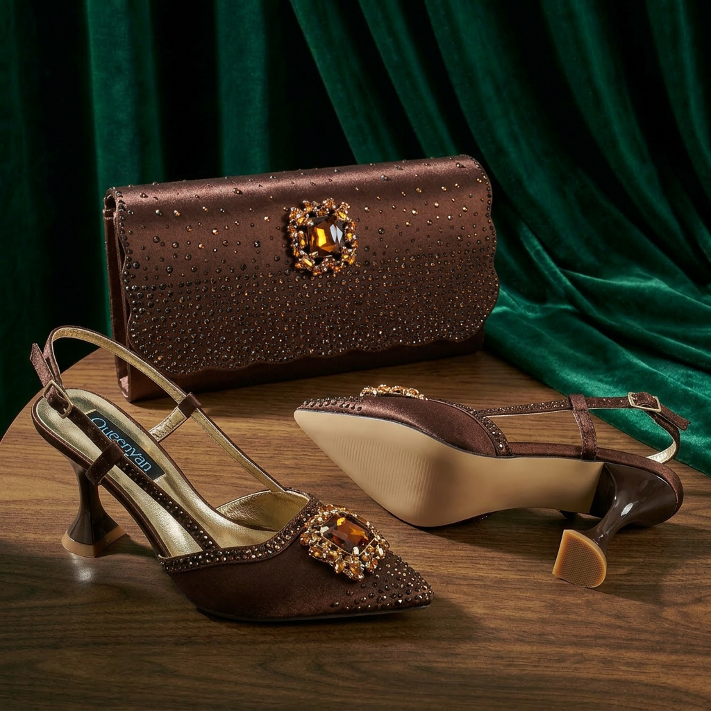 Women'S Evening Bags - QueenYan Brown Satin Rhinestone Slingback Pointed