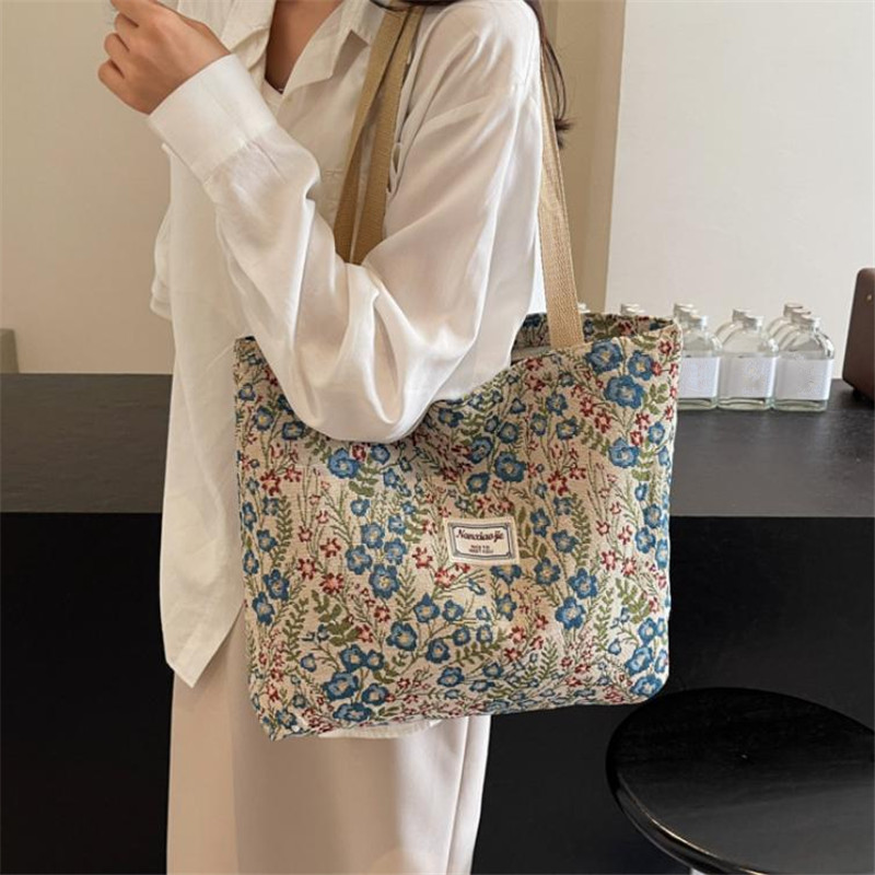 Women'S Bags For Work - Embroidery Floral Canvas Handbags Delicate Blossom