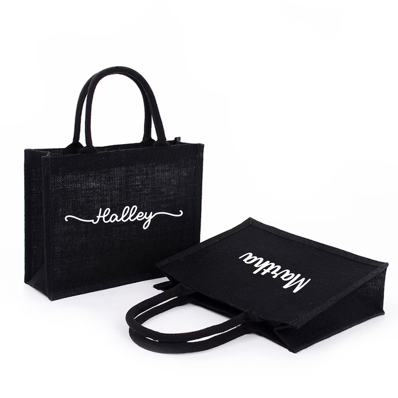Personalized Black Burlap Tote - Women Bags Jute recension och pris