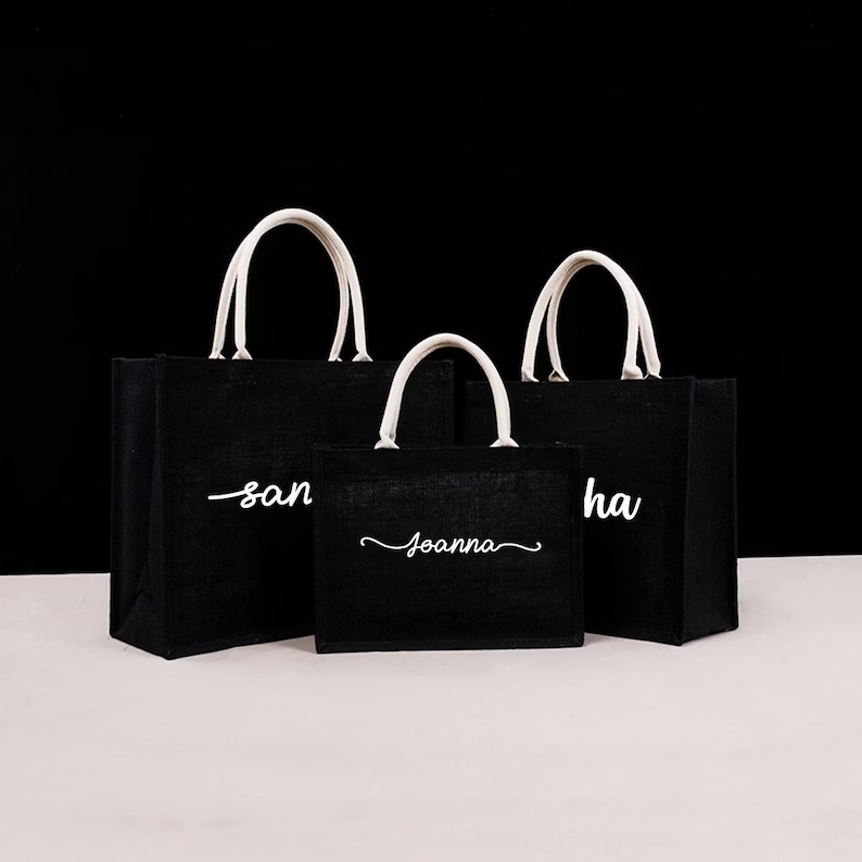 Personalized Black Burlap Tote - Women Bags Jute recension och pris
